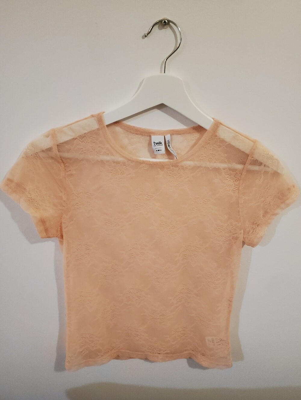 twik Peach Sheer Lace Short Sleeve Top